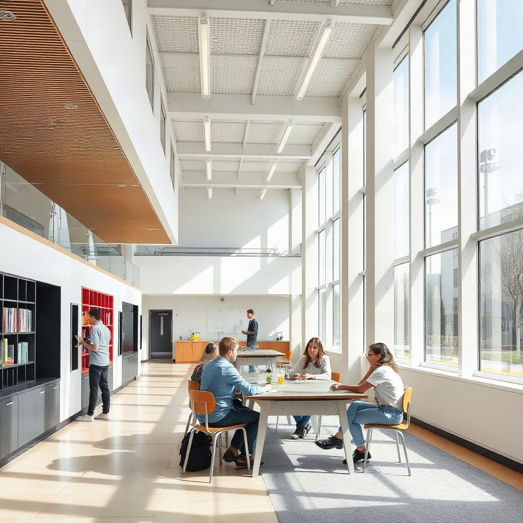 Students working together at a table in a sunlit campus atrium